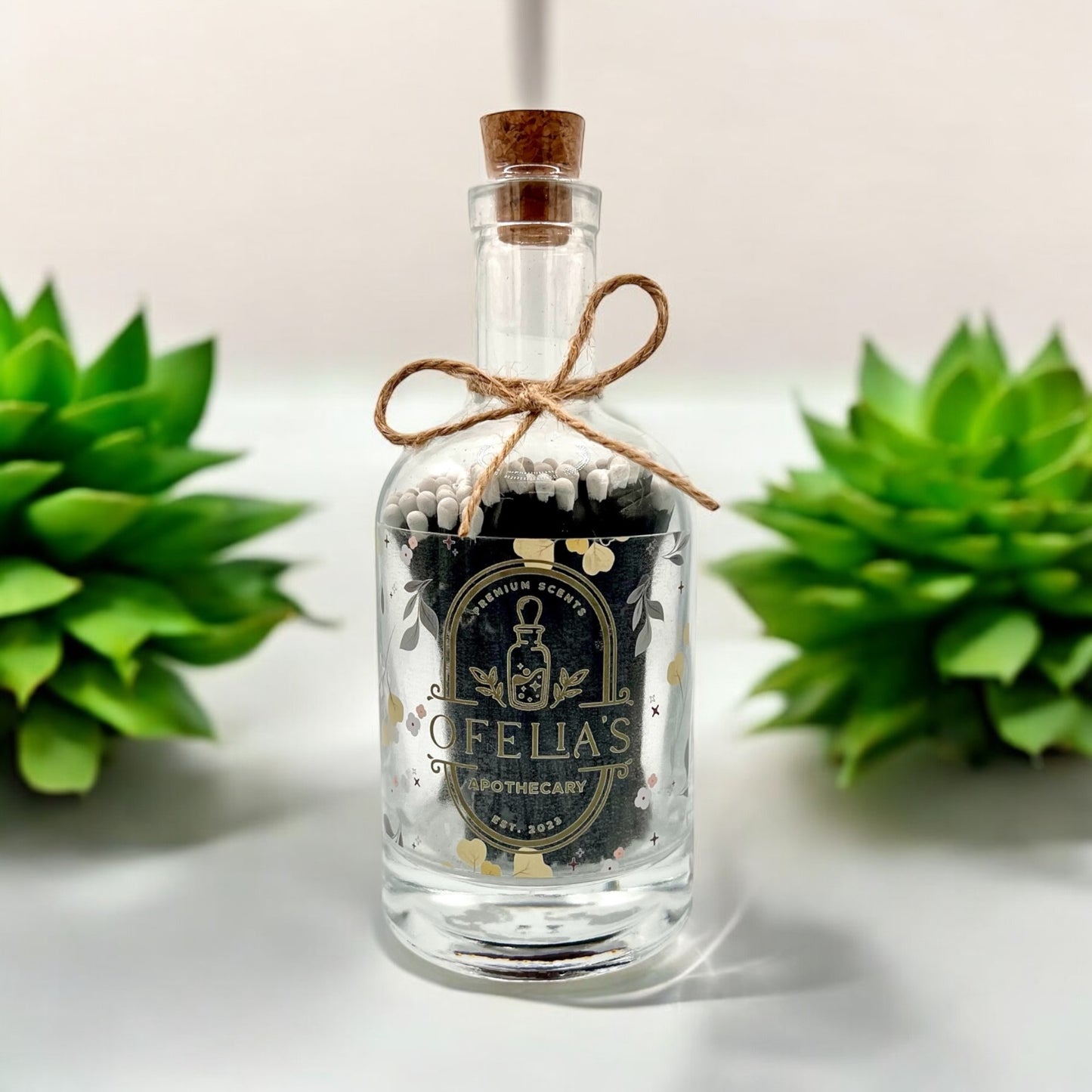 Luxury Black Matches White Tip in Cork Bottle & Striker