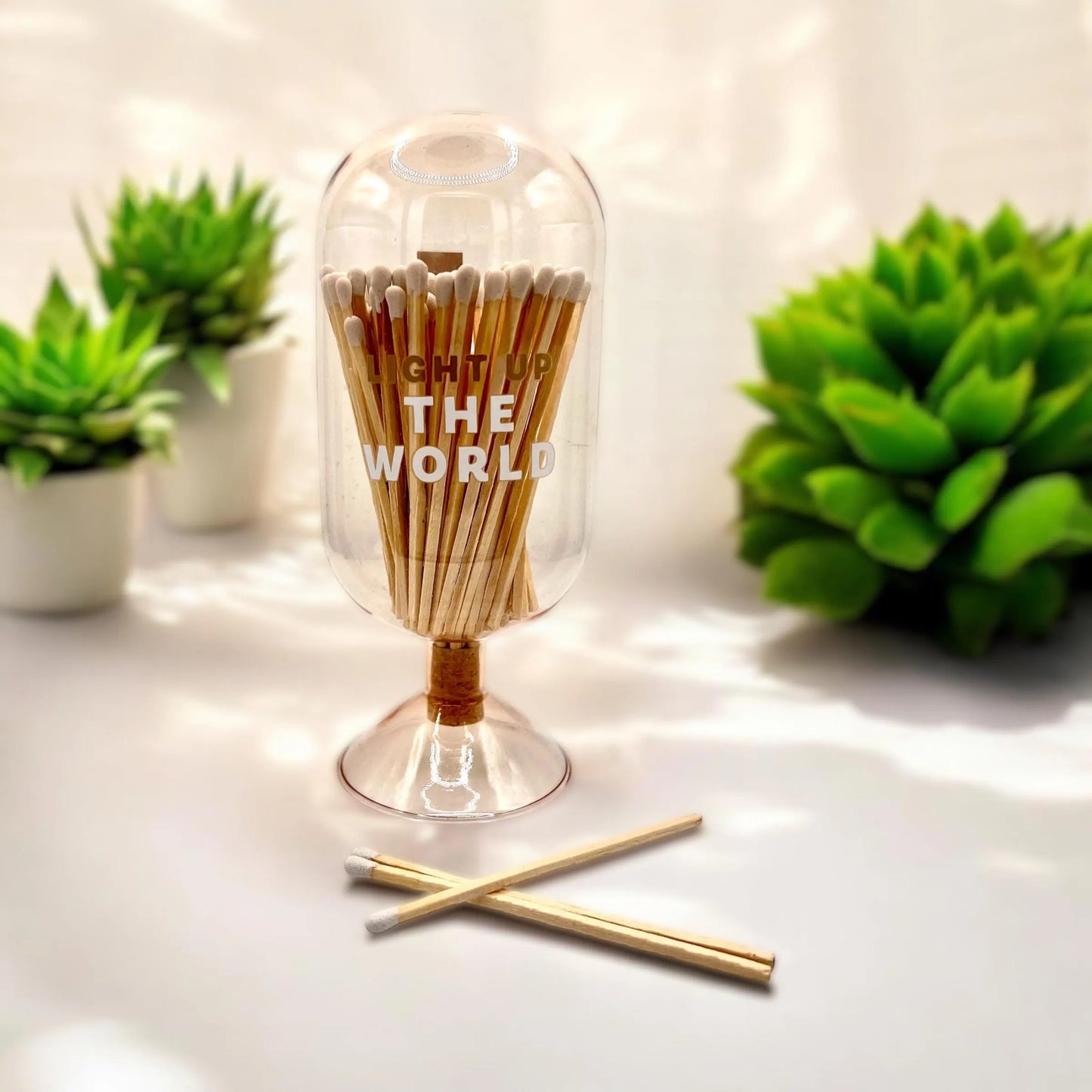 Luxury Matches White Tip in Oval Glass Cork Bottle & Striker